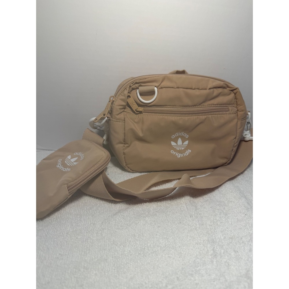 Adidas Original Tan Beige Nylon Crossbody Bag with Detachable Pouch Trefoil Logo
